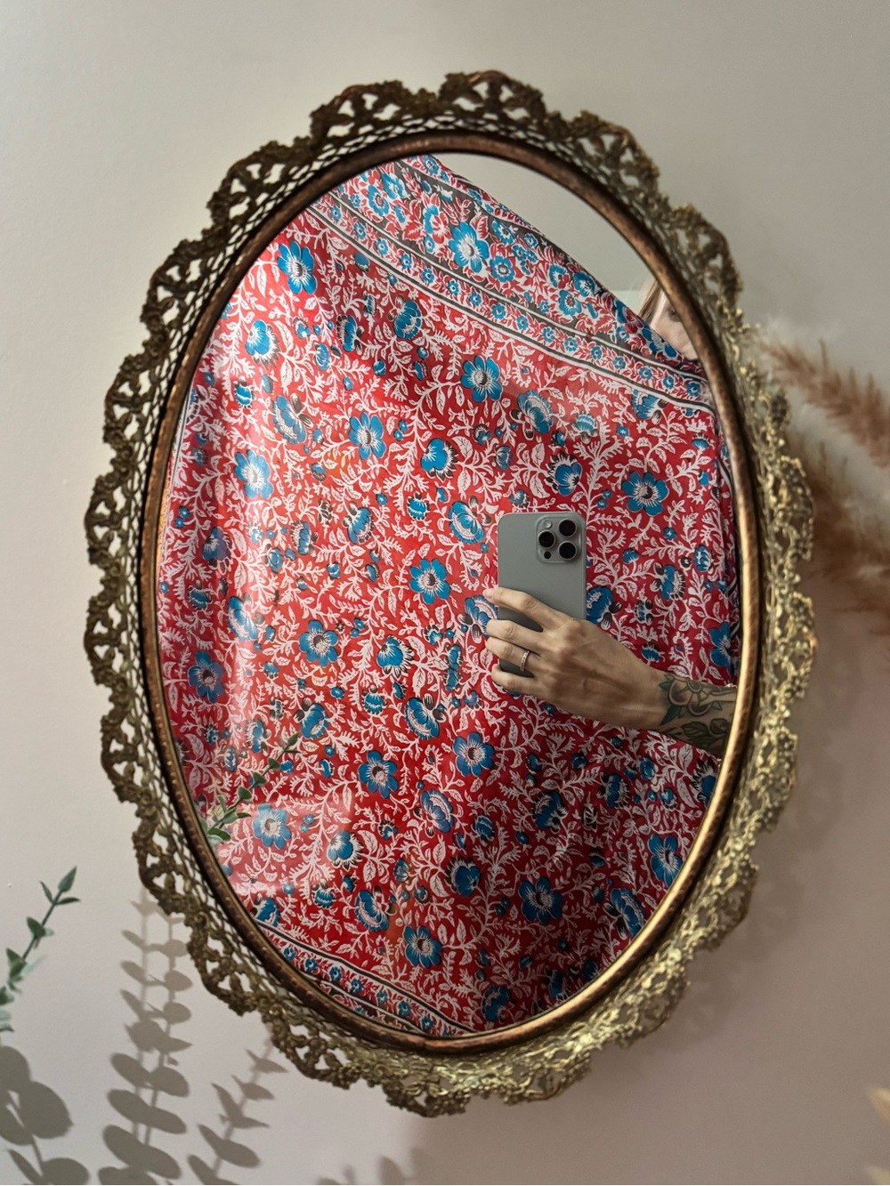 Large vintage metal gold tone filagree vanity tray or wall mirror. 🪞